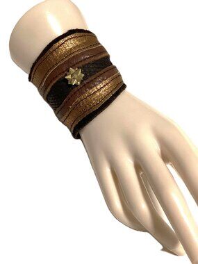 Unique Layered Brown Leather Cuff with Brass Bow Accent